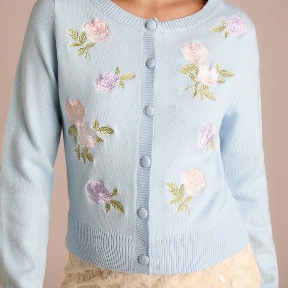 Baby Blue Romantic Women's Floral Embroidered Long Sleeve Knit Cardigan - Picture 5 of 7